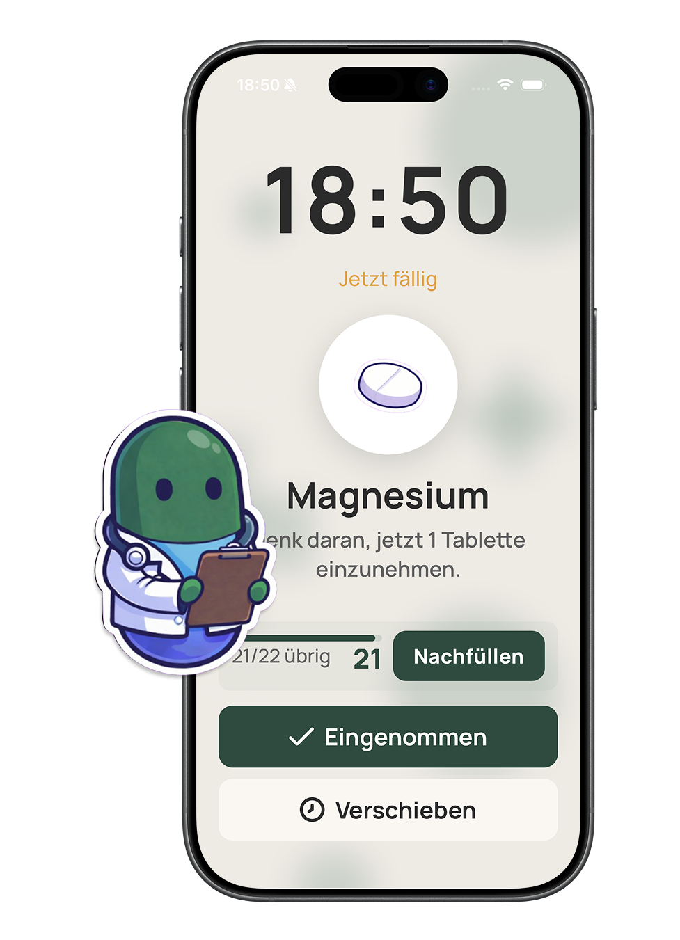 Der Carely-Erinnerungsbildschirm mit „Genommen“ und „Snooze“