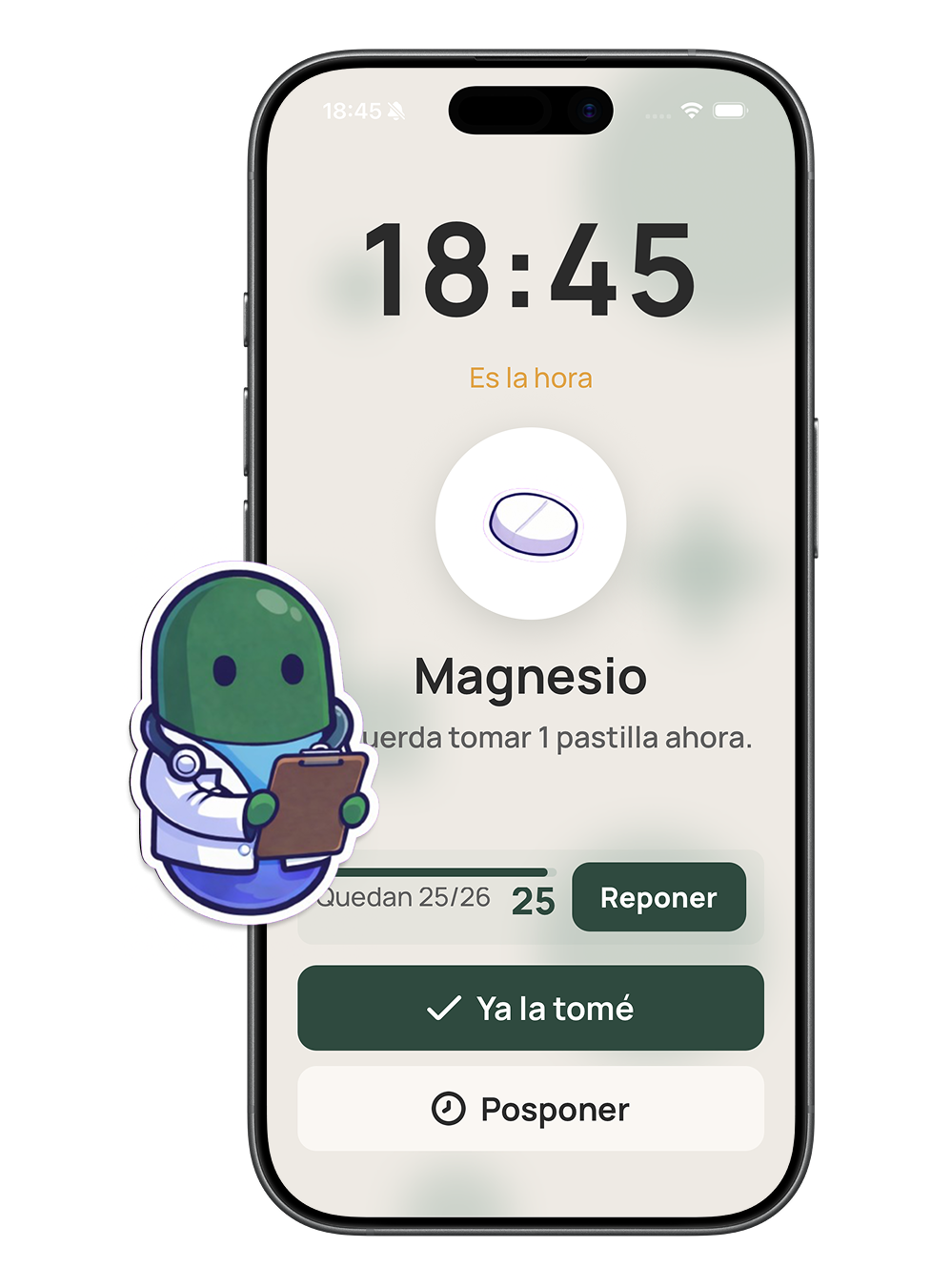 La pantalla de recordatorio de Carely con «Lo tomé» y «Posponer»